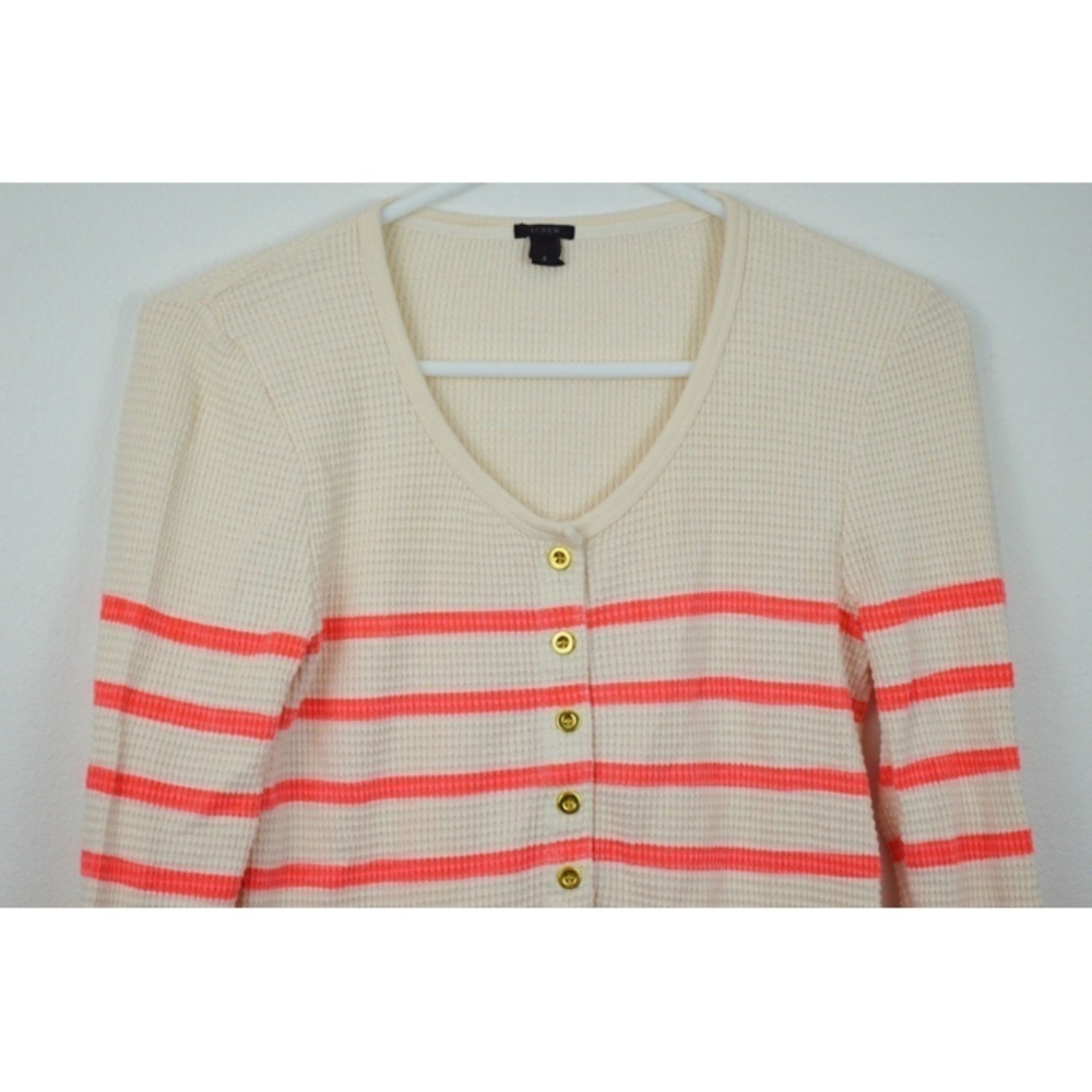 J CREW White Neon Pink Striped Thermal Henley